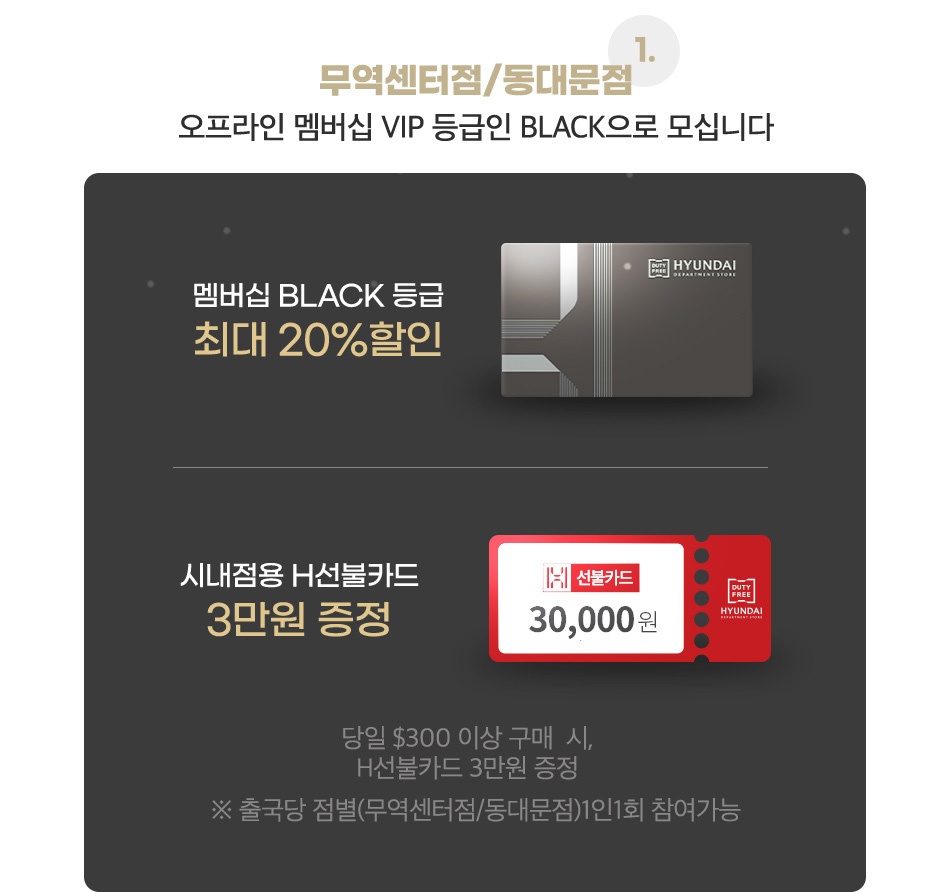 1.무역센터점 동대문점 오프라인 멤버십 VIP 등급인 BLACK 으로 모십니다 ㆍ멤버십 BLACK 등급 최대 20% 할인 ㆍ시내점용 H 선불카드 3만원 증정 당일 $300 이상 구매 시, H선불카드 3만원 증정 ※ 분기당 점별 무역센터점 동대문점 ) 1인 1회 참여 가능