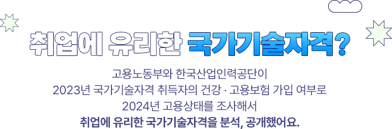 취업에 유리한 국가기술자격? | 고용노동부와 한국산업인력공단이 2023년 국가기술자격 취득자의 건강·고용보험 가입 여부로 2024년 고용상태를 조사해서 취업에 유리한 국가기술자격을 분석, 공개했어요.
