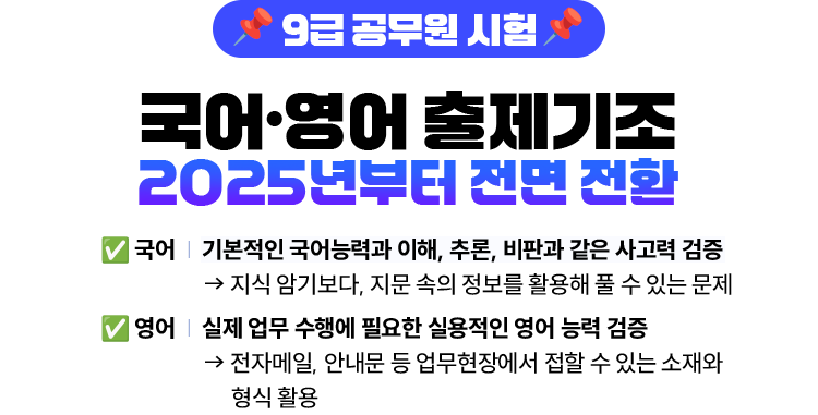 📌9급 공무원 시험 국어·영어 출제기조 2025년부터 전면 전환 ✅ 국어 : 기본적인 국어능력과 이해, 추론, 비판과 같은 사고력 검증→지식 암기보다, 지문 속의 정보를 활용해 풀 수 있는 문제 ✅영어 : 실제 업무 수행에 필요한 실용적인 영어 능력 검증 →전자메일, 안내문 등 업무현장에서 접할 수 있는 소재와 형식 활용