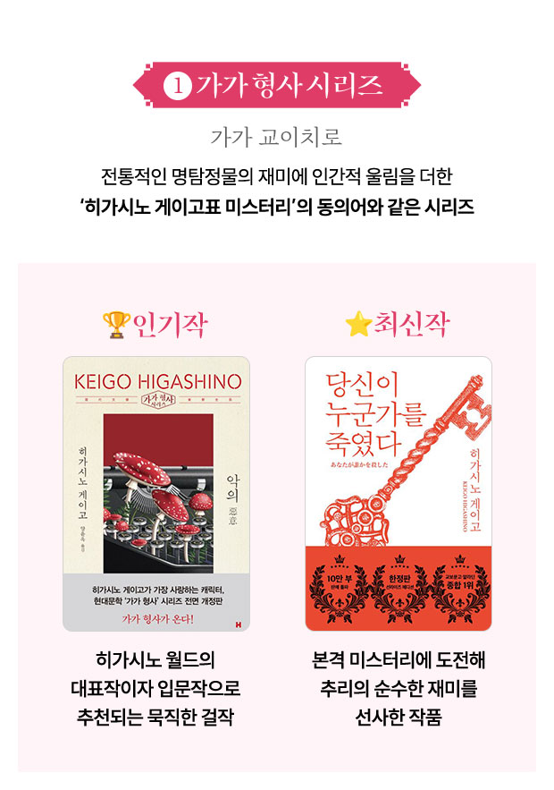 1. 가가 형사 시리즈 | 가가 교이치로 | 전통적인 명탐정물의 재미에 인간적 울림을 더한 ‘히가시노 게이고표 미스터리’의 동의어와 같은 시리즈