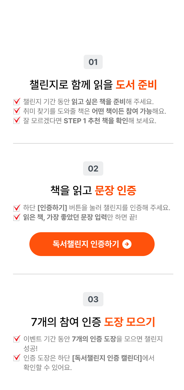 참여 방법 | 01. 챌린지로 함께 읽을 도서 준비 | 챌린지 기간 동안 읽고 싶은 책을 준비해 주세요. 취미 찾기를 도와줄 책은 어떤 책이든 참여 가능해요. 잘 모르겠다면 STEP 1 추천 책을 확인해 보세요. | 02. 7일 동안 책을 읽고 문장 인증 | 하단 [인증하기] 버튼을 눌러 챌린지를 인증해 주세요. 읽은 책, 가장 좋았던 문장 입력만 하면 끝! | 03. 7개의 참여 인증 도장 모으기 | 이벤트 기간 동안 7개의 인증 도장을 모으면 챌린지 성공! 인증 도장은 하단 [독서챌린지 인증 캘린더]에서 확인할 수 있어요.