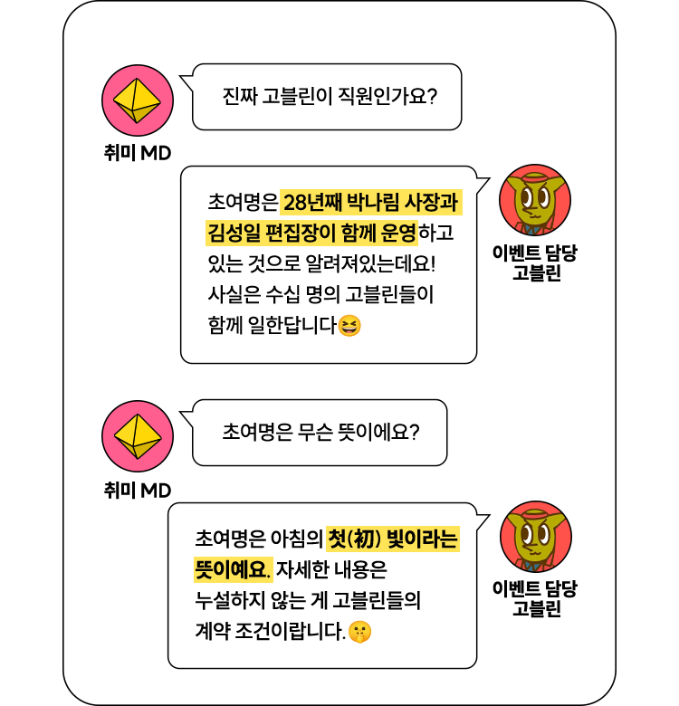 취미MD: 진짜 고블린이 직원인가요? - 이벤트 담당 고블린: 초여명은 28년째 박나림 사장과 김성일 편집장이 함께 운영하고 있는 것으로 알려져있는데요! 사실은 수십 명의 고블린들이 함께 일한답니다. | 취미MD: 초여명은 무슨 뜻이에요? - 이벤트 담당 고블린: 초여명은 아침의 첫(初) 빛이라는 뜻이예요. 자세한 내용은 누설하지 않는 게 고블린들의 계약 조건이랍니다.