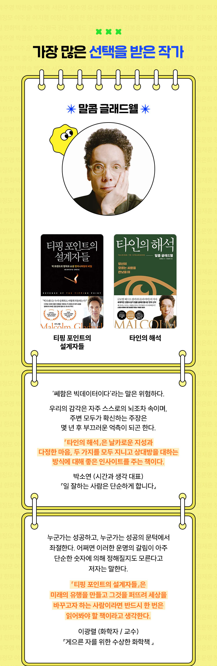 가장 많은 선택을 받은 작가 | 말콤 글래드웰 | 『타인의 해석』, 『티핑 포인트의 설계자들』 | ‘쎄함은 빅데이터이다’라는 말은 위험하다. 우리의 감각은 자주 스스로의 뇌조차 속이며, 주변 모두가 확신하는 주장은 몇 년 후 부끄러운 억측이 되곤 한다. 『타인의 해석』은 날카로운 지성과 다정한 마음, 두 가지를 모두 지니고 상대방을 대하는 방식에 대해 좋은 인사이트를 주는 책이다. 박소연 (시간과 생각 대표) 『일 잘하는 사람은 단순하게 합니다』  | 누군가는 성공하고, 누군가는 성공의 문턱에서 좌절한다. 어쩌면 이러한 운명의 갈림이 아주 단순한 숫자에 의해 정해질지도 모른다고 저자는 말한다. 『티핑 포인트의 설계자들』은 미래의 유행을 만들고 그것을 퍼뜨려 세상을 바꾸고자 하는 사람이라면 반드시 한 번은 읽어봐야 할 책이라고 생각한다. 이광렬 (화학자 / 교수)『게으른 자를 위한 수상한 화학책 』