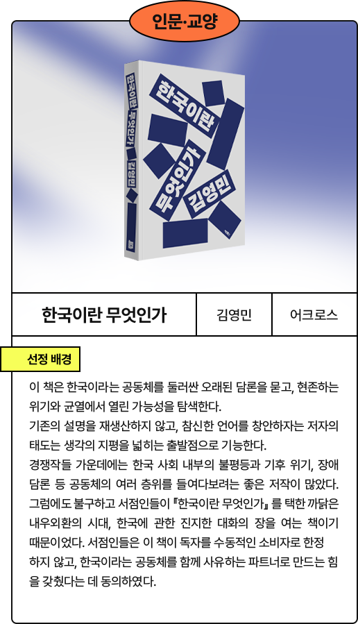 한국이란 무엇인가​: 이 책은 한국이라는 공동체를 둘러싼 오래된 담론을 묻고, 현존하는 위기와 균열에서 열린 가능성을 탐색한다. 기존의 설명을 재생산하지 않고, 참신한 언어를 창안하자는 저자의 태도는 생각의 지평을 넓히는 출발점으로 기능한다. 경쟁작들 가운데에는 한국 사회 내부의 불평등과 기후 위기, 장애 담론 등 공동체의 여러 층위를 들여다보려는 좋은 저작이 많았다. 그럼에도 불구하고 서점인들이 『한국이란 무엇인가』를 택한 까닭은 내우외환의 시대, 한국에 관한 진지한 대화의 장을 여는 책이기 때문이었다. 서점인들은 이 책이 독자를 수동적인 소비자로 한정하지 않고, 한국이라는 공동체를 함께 사유하는 파트너로 만드는 힘을 갖췄다는 데 동의하였다.