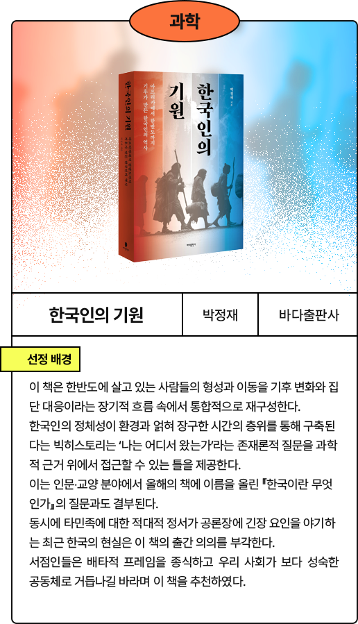 한국인의 기원: 이 책은 한반도에 살고 있는 사람들의 형성과 이동을 기후 변화와 집단 대응이라는 장기적 흐름 속에서 통합적으로 재구성한다. 한국인의 정체성이 환경과 얽혀 장구한 시간의 층위를 통해 구축된다는 빅히스토리는 ‘나는 어디서 왔는가’라는 존재론적 질문을 과학적 근거 위에서 접근할 수 있는 틀을 제공한다. 이는 인문‧교양 분야에서 올해의 책에 이름을 올린 『한국이란 무엇인가』의 질문과도 결부된다. 동시에 타민족에 대한 적대적 정서가 공론장에 긴장 요인을 야기하는 최근 한국의 현실은 이 책의 출간 의의를 부각한다. 서점인들은 배타적 프레임을 종식하고 우리 사회가 보다 성숙한 공동체로 거듭나길 바라며 이 책을 추천하였다.