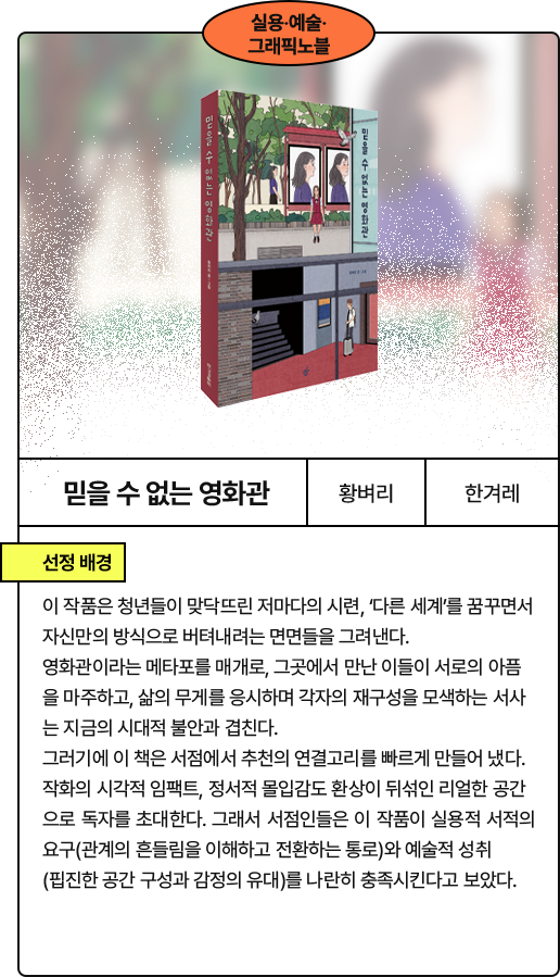 믿을 수 없는 영화관​​: 이 작품은 청년들이 맞닥뜨린 저마다의 시련, ‘다른 세계’를 꿈꾸면서 자신만의 방식으로 버텨내려는 면면들을 그려낸다. 영화관이라는 메타포를 매개로, 그곳에서 만난 이들이 서로의 아픔을 마주하고, 삶의 무게를 응시하며 각자의 재구성을 모색하는 서사는 지금의 시대적 불안과 겹친다. 그러기에 이 책은 서점에서 추천의 연결고리를 빠르게 만들어 냈다. 작화의 시각적 임팩트, 정서적 몰입감도 환상이 뒤섞인 리얼한 공간으로 독자를 초대한다. 그래서 서점인들은 이 작품이 실용적 서적의 요구(관계의 흔들림을 이해하고 전환하는 통로)와 예술적 성취(핍진한 공간 구성과 감정의 유대)를 나란히 충족시킨다고 보았다.