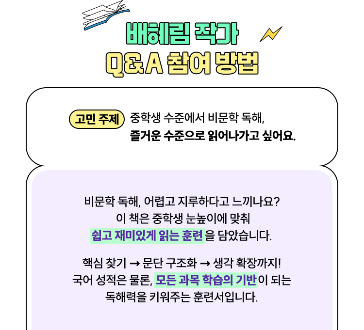 배혜림 작가 Q&A 참여 방법 | 고민 주제 : 중학생 수준에서 비문학 독해, 즐거운 수준으로 읽어나가고 싶어요. | 비문학 독해, 어렵고 지루하다고 느끼나요? 이 책은 중학생 눈높이에 맞춰 쉽고 재미있게 읽는 훈련을 담았습니다. 핵심 찾기 → 문단 구조화 → 생각 확장까지! 국어 성적은 물론, 모든 과목 학습의 기반이 되는 독해력을 키워주는 훈련서입니다.