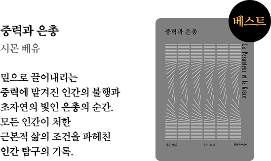 중력과 은총 | 시몬 베유 | 밑으로 끌어내리는 중력에 맡겨진 인간의 불행과 초차연의 빛인 은총의 순간. 모든 인간이 처한 근본적 삶의 조건을 파헤친 인간 탐구의 기록.