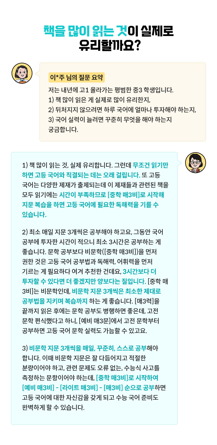 [이*주 님의 질문 요약] 저는 내년에 고1 올라가는 평범한 중3 학생입니다. 1) 책 많이 읽은 게 실제로 많이 유리한지, 2) 뒤처지지 않으려면 하루 국어에 얼마나 투자해야 하는지, 3) 국어 실력이 늘려면 꾸준히 무엇을 해야 하는지 궁금합니다. | 1) 책 많이 읽는 것, 실제 유리합니다. 그런데 무조건 읽기만 하면 고등 국어와 직결되는 데는 오래 걸립니다. 또 고등 국어는 다양한 제재가 출제되는데 이 제재들과 관련된 책을 모두 읽기에는 시간이 부족하므로 [중학 매3비]로 시작해 지문 복습을 하면 고등 국어에 필요한 독해력을 기를 수 있습니다. 2) 최소 매일 지문 3개씩은 공부해야 하고요, 그동안 국어 공부에 투자한 시간이 적으니 최소 3시간은 공부하는 게 좋습니다. 문학 공부보다 비문학([중학 매3비])을 먼저 권한 것은 고등 국어 공부법과 독해력, 어휘력을 먼저 기르는 게 필요하다 여겨 추천한 건데요, 3시간보다 더 투자할 수 있다면 더 좋겠지만 양보다는 질입니다. [중학 매3비]는 비문학인데, 비문학 지문 3개씩은 최소한 제대로 공부법을 지키며 복습까지 하는 게 좋습니다. [매3력]을 끝까지 읽은 후에는 문학 공부도 병행하면 좋은데, 고전 문학 편식했다고 하니, [예비 매3문]에서 고전 문학부터 공부하면 고등 국어 문학 실력도 가늠할 수 있고요. 3) 비문학 지문 3개씩을 매일, 꾸준히, 스스로 공부해야 합니다. 이때 비문학 지문은 잘 다듬어지고 적절한 분량이어야 하고, 관련 문제도 오류 없는, 수능식 사고를 측정하는 문항이어야 하는데, [중학 매3비]로 시작하여 [예비 매3비] - [라이트 매3비] - [매3비] 순으로 공부하면 고등 국어에 대한 자신감을 갖게 되고 수능 국어 준비도 완벽하게 할 수 있습니다.