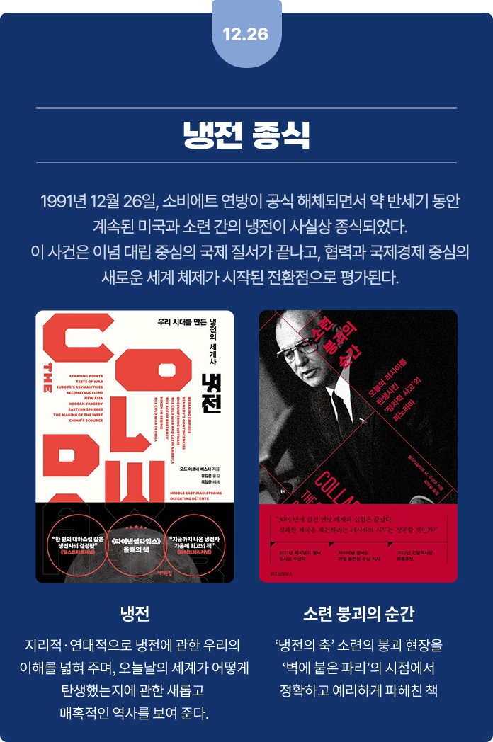 12월 26일 냉전 종식 | 1991년 12월 26일, 소비에트 연방이 공식 해체되면서 약 반세기 동안 계속된 미국과 소련 간의 냉전이 사실상 종식되었다. 이 사건은 이념 대립 중심의 국제 질서가 끝나고, 협력과 국제경제 중심의 새로운 세계 체제가 시작된 전환점으로 평가된다. | 냉전: 지리적·연대적으로 냉전에 관한 우리의 이해를 넓혀 주며, 오늘날의 세계가 어떻게 탄생했는지에 관한 새롭고 매혹적인 역사를 보여 준다. | 소련 붕괴의 순간: ‘냉전의 축’ 소련의 붕괴 현장을 ‘벽에 붙은 파리’의 시점에서 정확하고 예리하게 파헤친 책