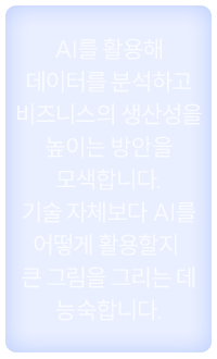 AI를 활용해 데이터를 분석하고 비즈니스의 생산성을 높이는 방안을 모색합니다. 기술 자체보다 AI를 어떻게 활용할지 큰 그림을 그리는 데 능숙합니다.