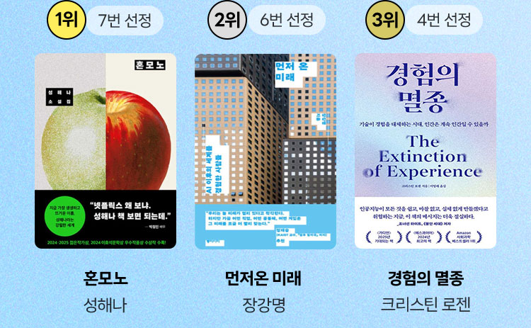 1위 7번 선정 혼모노 성해나 | 2위 6번 선정 먼저온 미래 장강명 | 3위 4번 선정 경험의 멸종 크리스틴 로젠