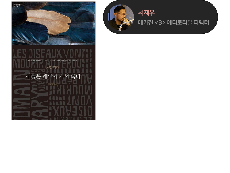 새들은 페루에 가서 죽다 | 로맹 가리 | 에디터로서 글에 힘을 주고 싶다고 느끼던 때가 있었다. 사실 지금도 종종 그런 마음이 고개를 든다. 그럴 때마다 나는 이 책을 펼친다. 로맹 가리의 글 앞에서는, 내 안의 당찬 기세도 금세 한 발 물러서기 때문이다. 그의 문장을 읽다 보면 내가 소설을 읽고 있는지, 시를 읽고 있는지, 혹은 그저 문장 자체를 읽고 있는지조차 헷갈린다. 그런데도 장면은 또렷하다. 마치 선명한 영화의 한 컷처럼 눈앞에 떠오른다. 그래서 늘 생각하게 된다. 로맹 가리는 오직 그만이 쓸 수 있는 문체를 가지고 있다고. 그래서 다시 읽는다. 언젠가 나만의 문체에 다다르고 싶다는 마음으로. | 서재우 (매거진《B》 에디토리얼 디렉터)