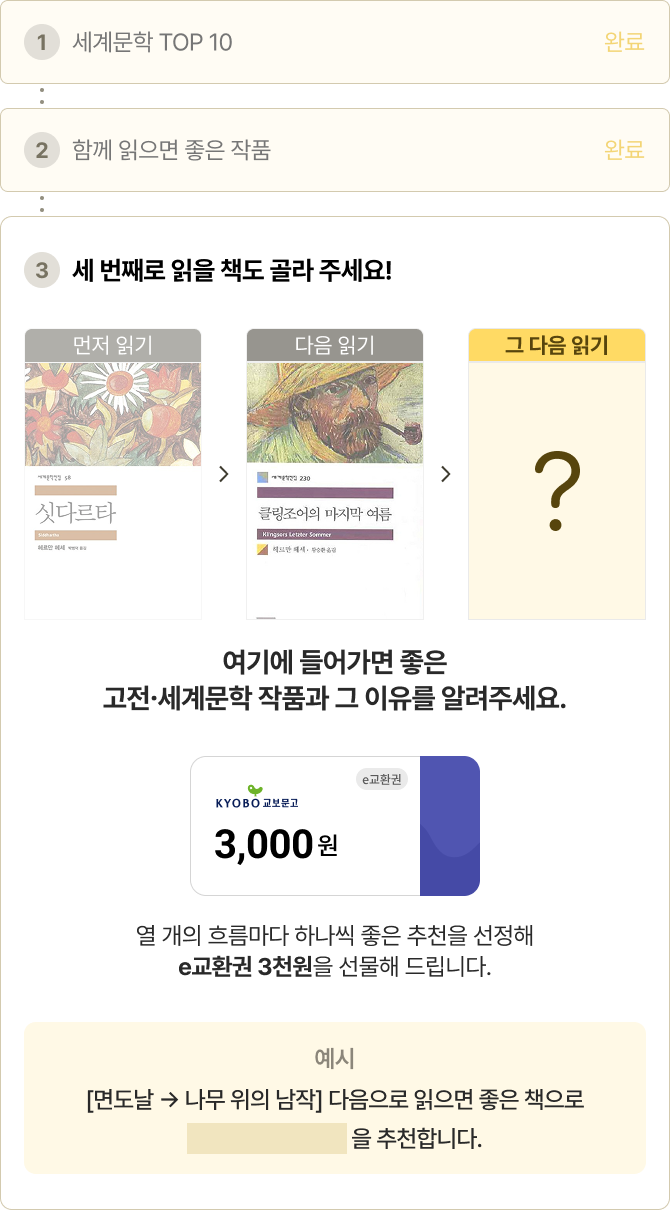 여기에 들어가면 좋은 고전∙세계문학 작품과 그 이유를 알려주세요. 위 열 개의 흐름마다 하나씩 좋은 추천을 선정해 e교환권 3천원을 선물해 드립니다. | (예시) [면도날 → 나무 위의 남작] 다음으로 읽으면 좋은 책은  을 추천합니다.   