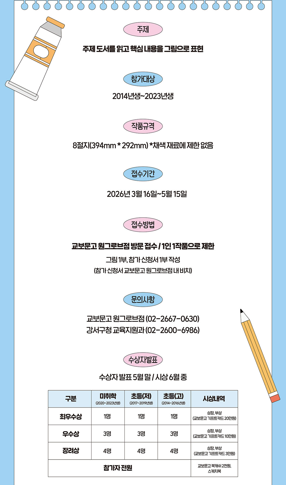 주제: 주제 도서를 읽고 핵심 내용을 그림으로 표현 | 참가대상: 2014년생~2023년생 | 작품규격: 8절지(394mm * 292mm) *채색 재료에 제한 없음 | 접수기간: 2026년 3월 16일~5월 15일 | 접수방법: 교보문고 원그로브점 방문 접수/1인 1작품으로 제한 그림 1부, 참가 신청서 1부 작성 (참가 신청서 교보문고 원그로브점 내 배치) | 문의사항: 교보문고 원그로브점(02-2667-0630) 강서구청 교육지원과(02-2600-6986) | 수상자발표: 수상자 발표 5월 말/시상 6월 중