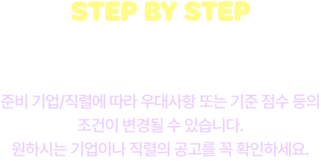 STEP BY STEP 취업준비 추천 도서 | 준비 기업/직렬에 따라 우대사항 또는 기준 점수 등의 조건이 변경될 수 있습니다. 원하시는 기업이나 직렬의 공고를 꼭 확인하세요.