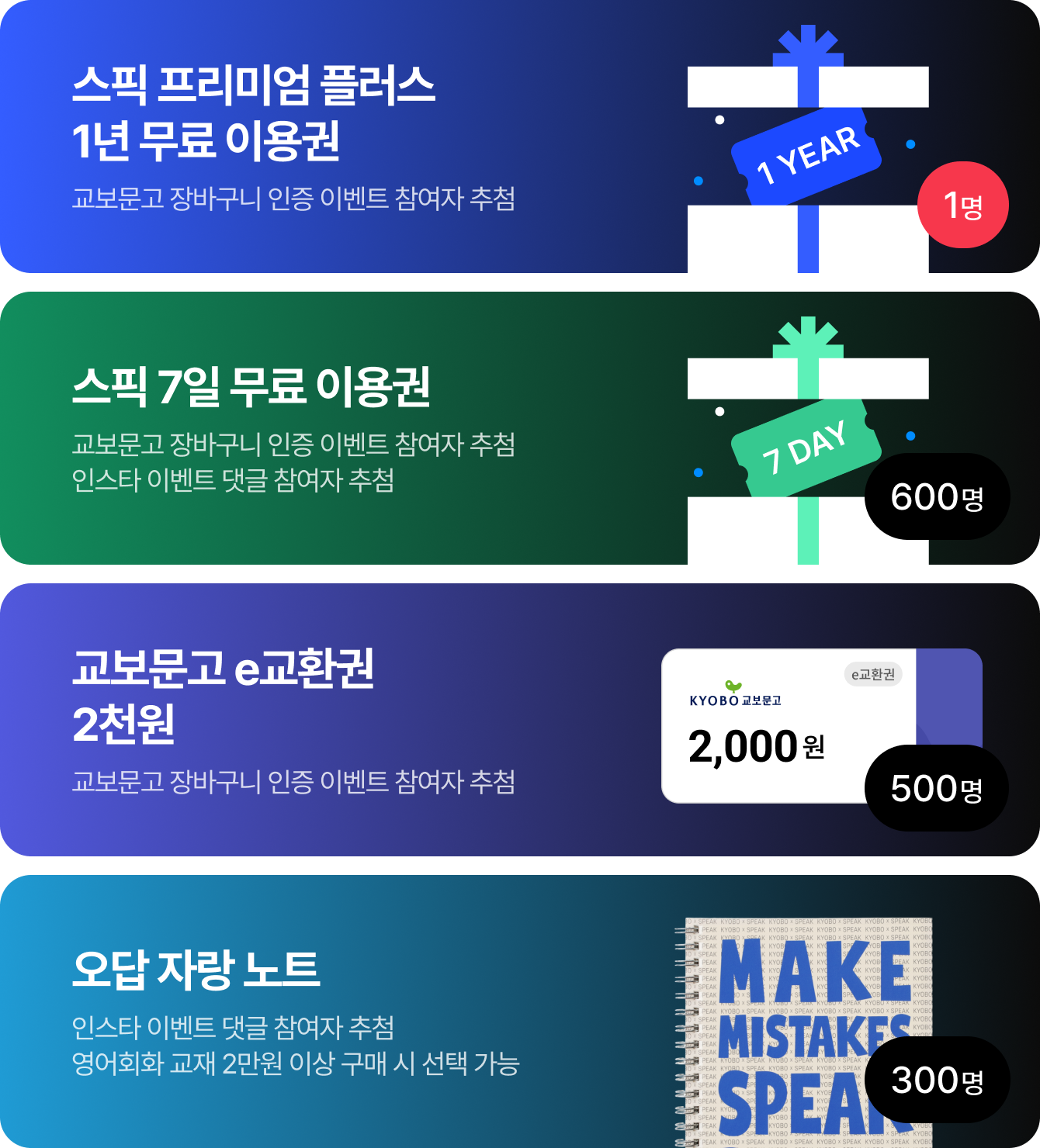 스픽 프리미엄 플러스 1년 무료 이용권 교보문고 장바구니 인증 이벤트 참여자 추첨 1명 | 스픽 7일 무료 이용권 교보문고 장바구니 인증 이벤트 참여자 추첨 인스타 이벤트 댓글 참여자 추첨 600명 | 교보문고 e교환권 교보문고 장바구니 인증 이벤트 참여자 추첨 2,000원 500명 | 오답 자랑 노트 인스타 이벤트 댓글 참여자 추첨 영어회화 교재 2만원이상 구매 시 선택 가능 300명