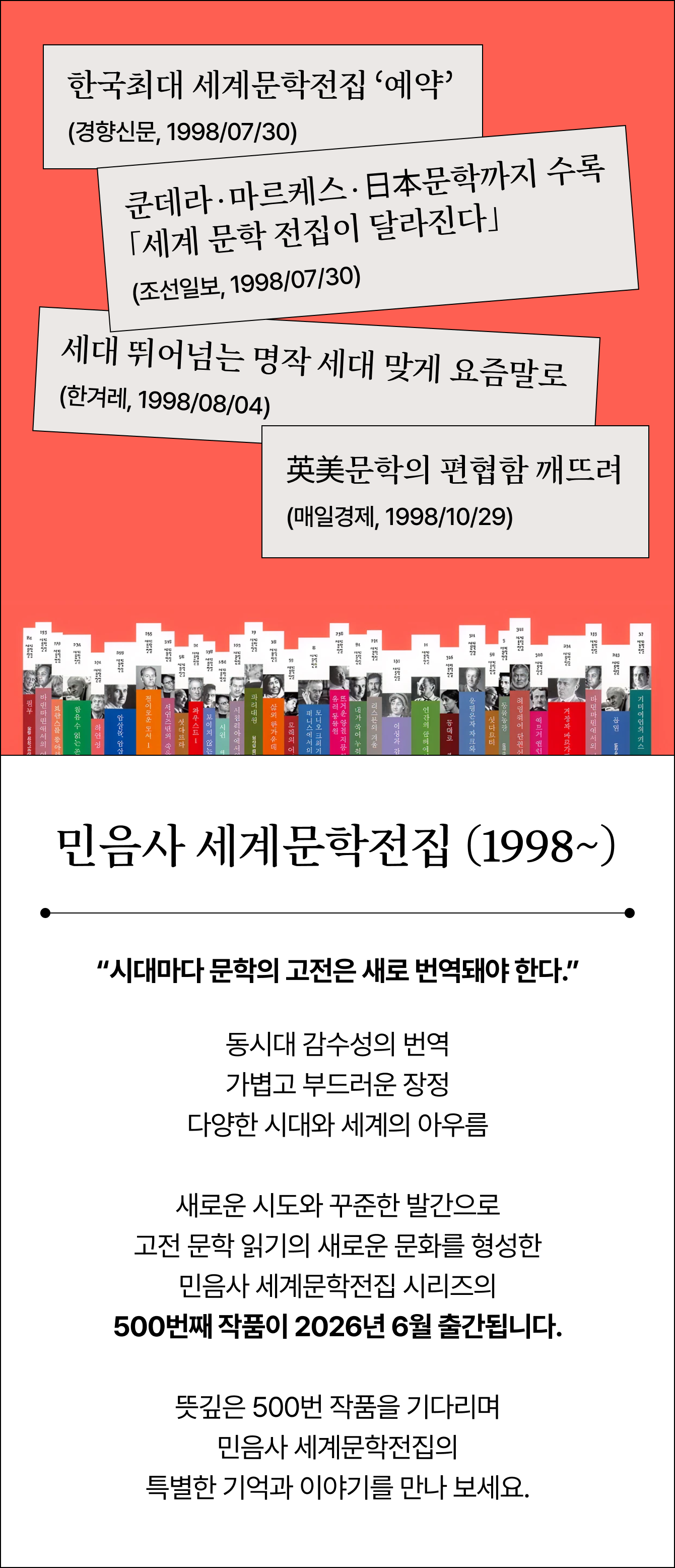 한국최대 세계문학전집 ‘예약’  (경향신문, 1998/07/30) 쿤데라∙마르케스∙日本문학까지 수록 「세계 문학 전집이 달라진다」  (조선일보, 1998/07/30) (한겨레, 1998/08/04) 세대 뛰어넘는 명작 세대 맞게 요즘말로 英美문학의 편협함 깨뜨려 (매일경제, 1998/10/29) | 민음사 세계문학전집 (1998~) “시대마다 문학의 고전은 새로 번역돼야 한다.” 동시대 감수성의 번역 가볍고 부드러운 장정 다양한 시대와 세계의 아우름 새로운 시도와 꾸준한 발간으로 고전 문학 읽기의 새로운 문화를 형성한 민음사 세계문학전집 시리즈의 500번째 작품이 2026년 6월 출간됩니다. 뜻깊은 500번 작품을 기다리며 민음사 세계문학전집의 특별한 기억과 이야기를 만나 보세요.