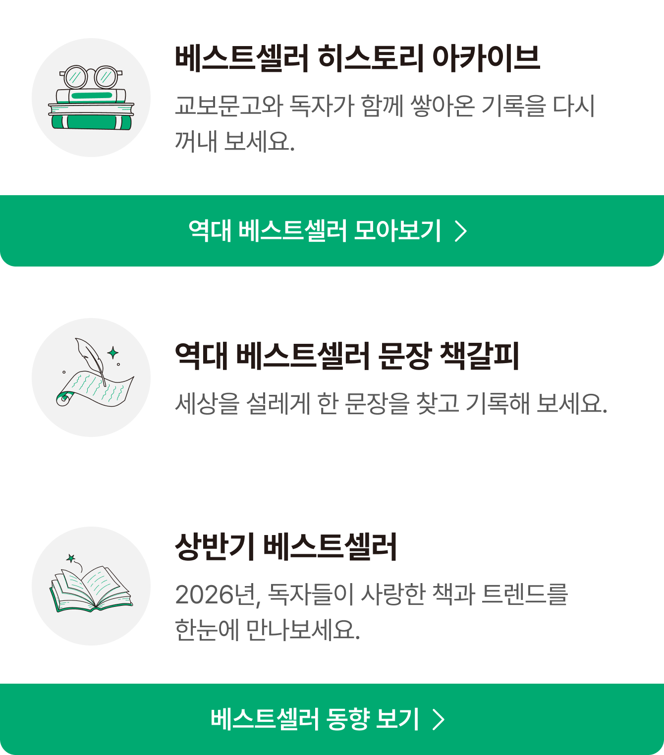 베스트셀러 히스토리 아카이브 - 교보문고 독서가 함께 쌓아온 기록을 다시 꺼내 보세요. | 역대 베스트셀러 문장 책갈피 - 세상을 설레게 한 문장을 찾고 기록해 보세요. | 상반기 베스트셀러 - 2026년, 독자들이 사랑한 책과 트렌드를 한눈에 만나보세요.