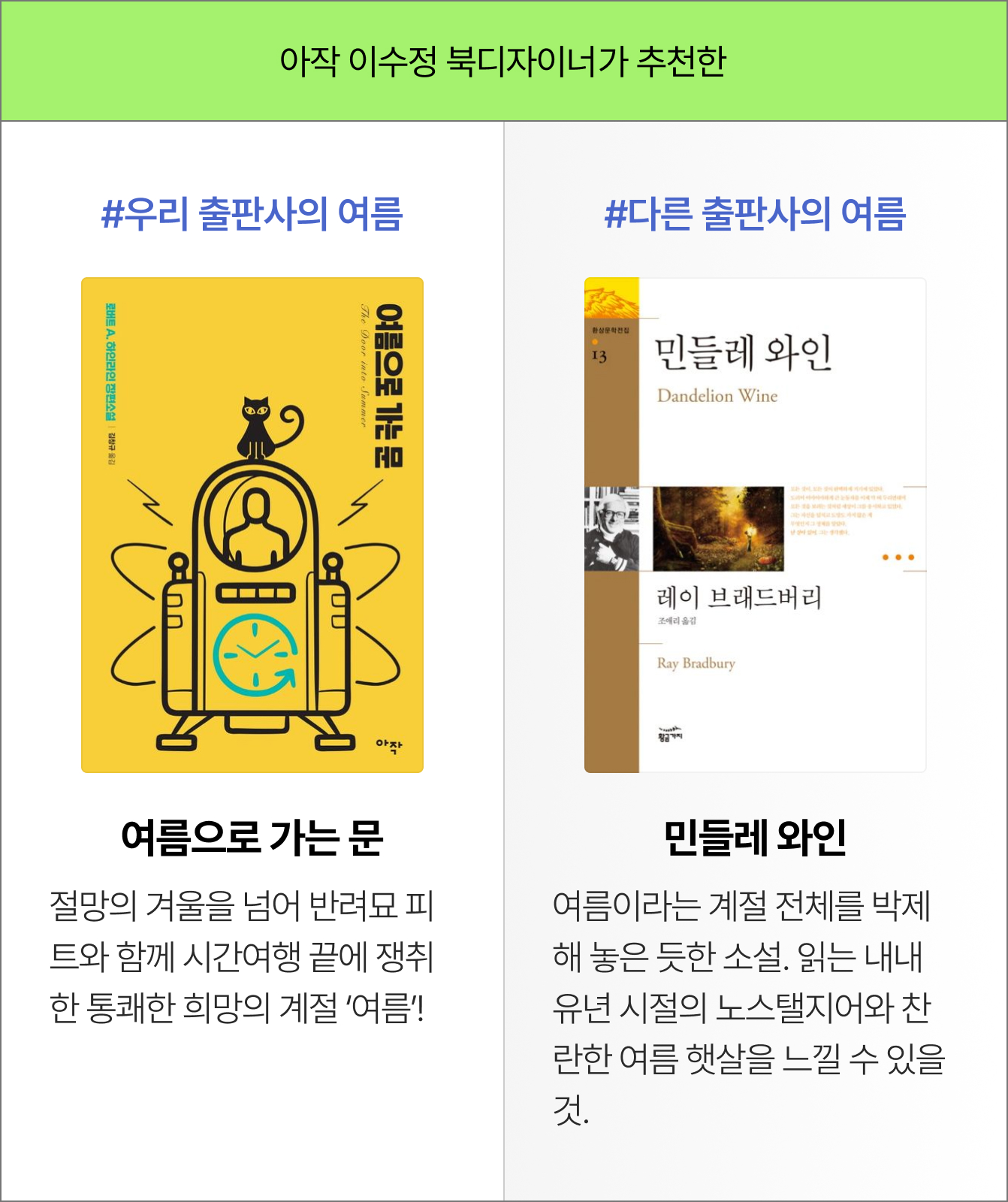 아작 이수정 북디자이너가 추천한 #우리 출판사의 여름 - 여름으로 가는 문 - 절망의 겨울을 넘어 반려묘 피트와 함께 시간여행 끝에 쟁취한 통쾌한 희망의 계절 ‘여름’! | #다른 출판사의 여름 - 민들레 와인 - 여름이라는 계절 전체를 박제해 놓은 듯한 소설. 읽는 내내 유년 시절의 노스탤지어와 찬란한 여름 햇살을 느낄 수 있을 것.