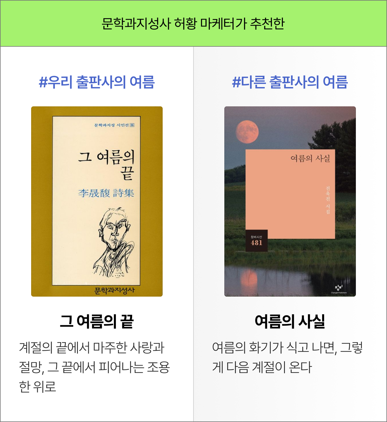 문학과지성사 허황 마케터가 추천한 #우리 출판사의 여름 - 그 여름의 끝 - 계절의 끝에서 마주한 사랑과 절망, 그 끝에서 피어나는 조용한 위로 | #다른 출판사의 여름 - 여름의 사실 - 여름의 화기가 식고 나면, 그렇게 다음 계절이 온다