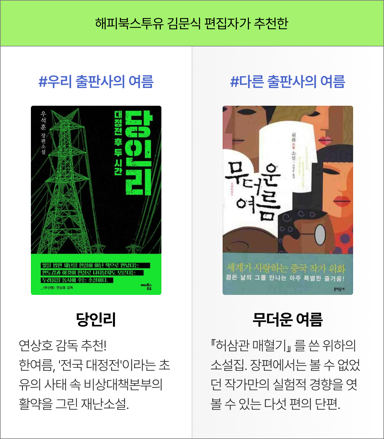 해피북스투유 김문식 편집자가 추천한 #우리 출판사의 여름 - 당인리 - 연상호 감독 추천! 한여름, '전국 대정전'이라는 초유의 사태 속 비상대책본부의 활약을 그린 재난소설. | #다른 출판사의 여름 - 무더운 여름 - 『허삼관 매혈기』 를 쓴 위하의 소설집. 장편에서는 볼 수 없었던 작가만의 실험적 경향을 엿볼 수 있는 다섯 편의 단편.