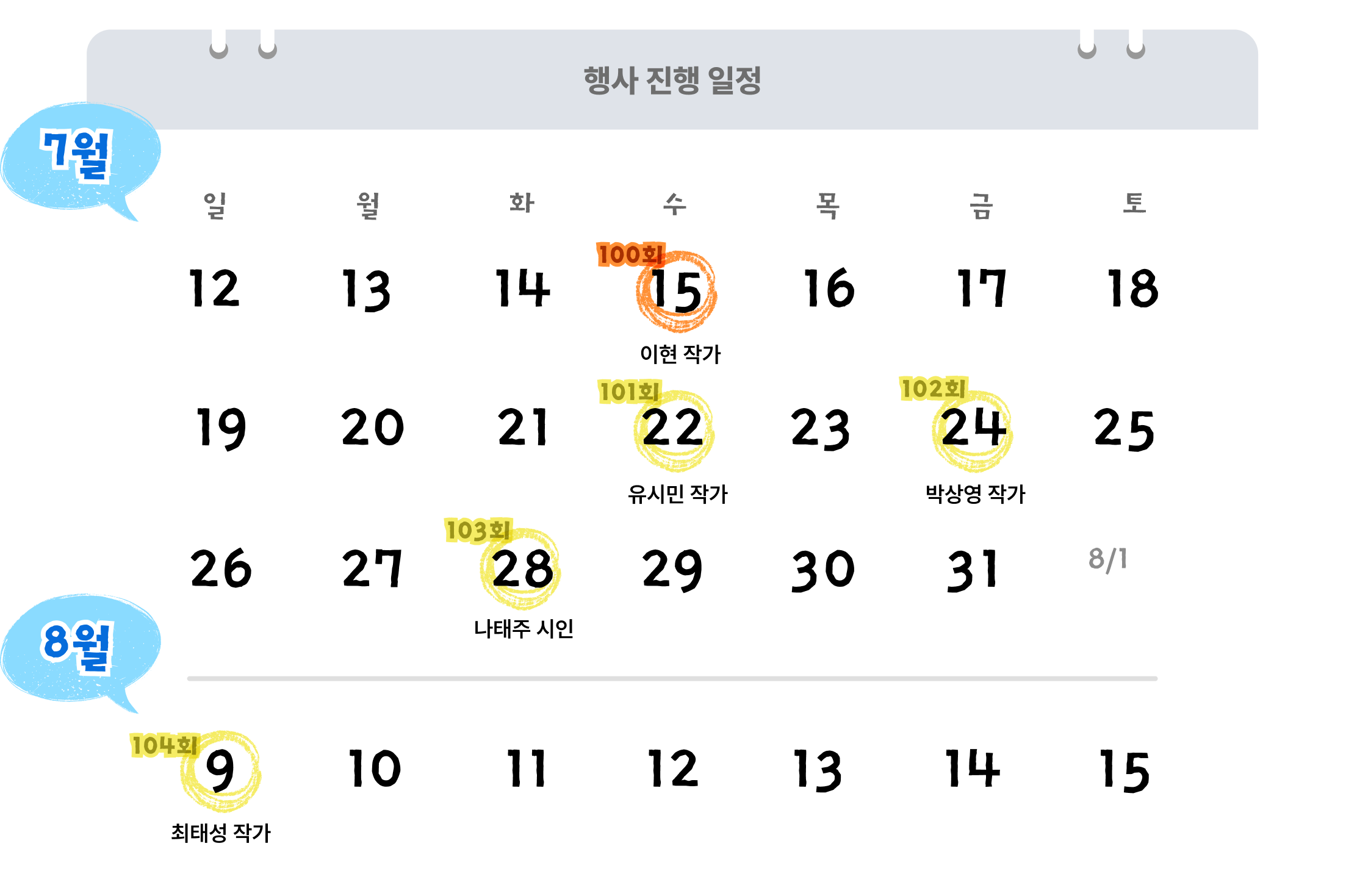 행사 진행 일정 | 7월 - 99회 15일 이현 작가, 100회 22일 유시민 작가, 101회 24일 박상영 작가, 102회 28일 나태주 시안 | 8월 103회 9일 최태성 작가