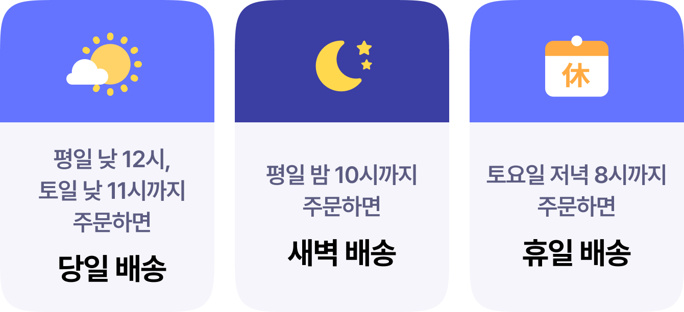 평일 낮 12시, 토일 낮 11시까지 주문하면 당일 배송 | 평일 밤 10시까지 주문하면 새벽 배송 | 토요일 저녁 8시까지 주문하면 휴일 배송