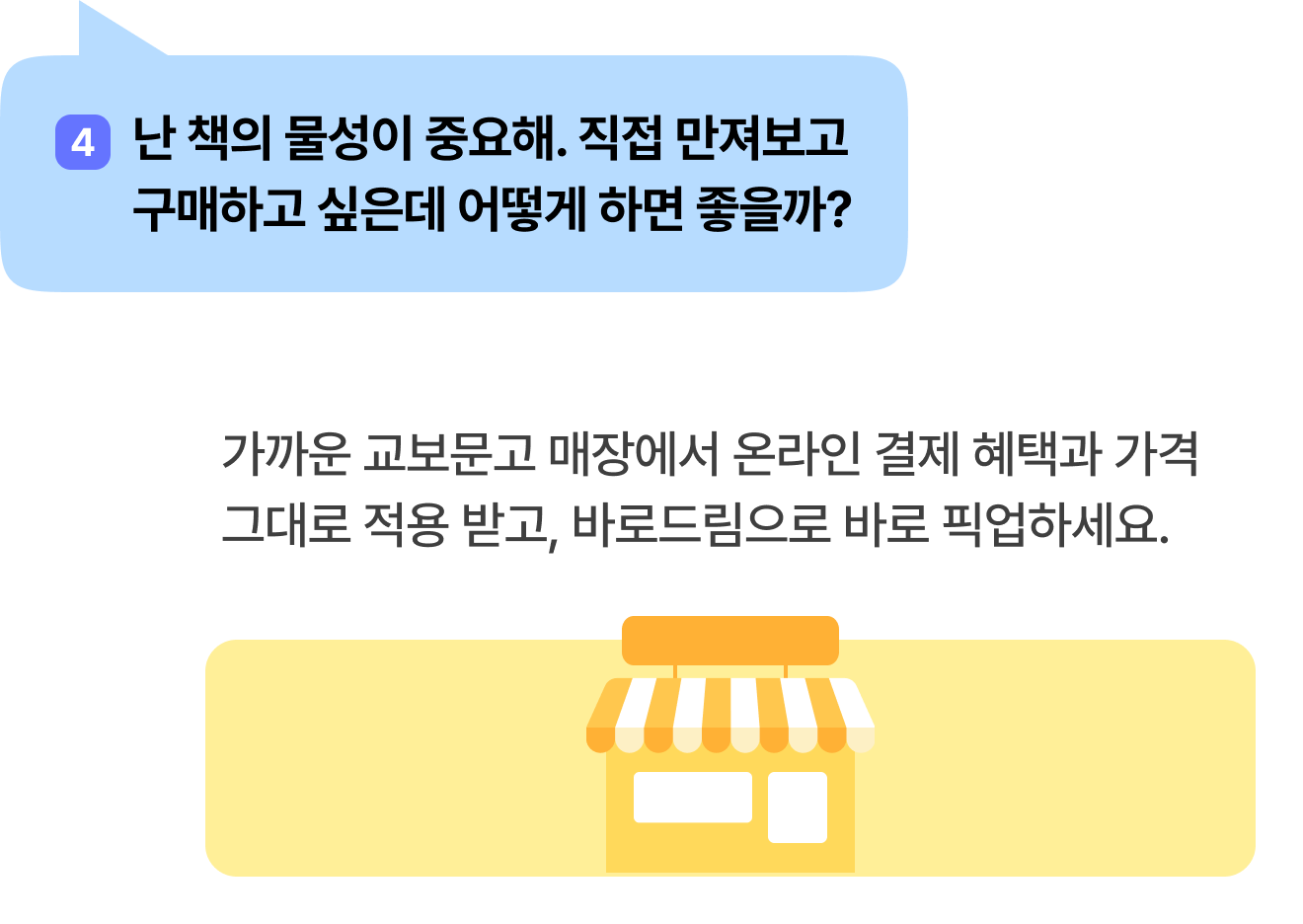 4 난 책의 물성이 중요해. 직접 만져보고 구매하고 싶은데 어떻게 하면 좋을까? | 가까운 교보문고 매장에서 온라인 결제 혜택과 가격 그대로 적용 받고, 바로드림으로 바로 픽업하세요.