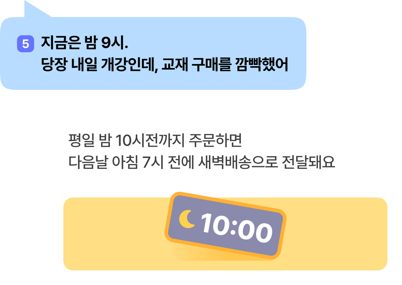 5 지금은 밤 9시. 당장 내일 개강인데, 교재 구매를 깜빡했어 | 평일 밤 10시전까지 주문하면 다음날 아침 7시 전에 새벽배송으로 전달돼요