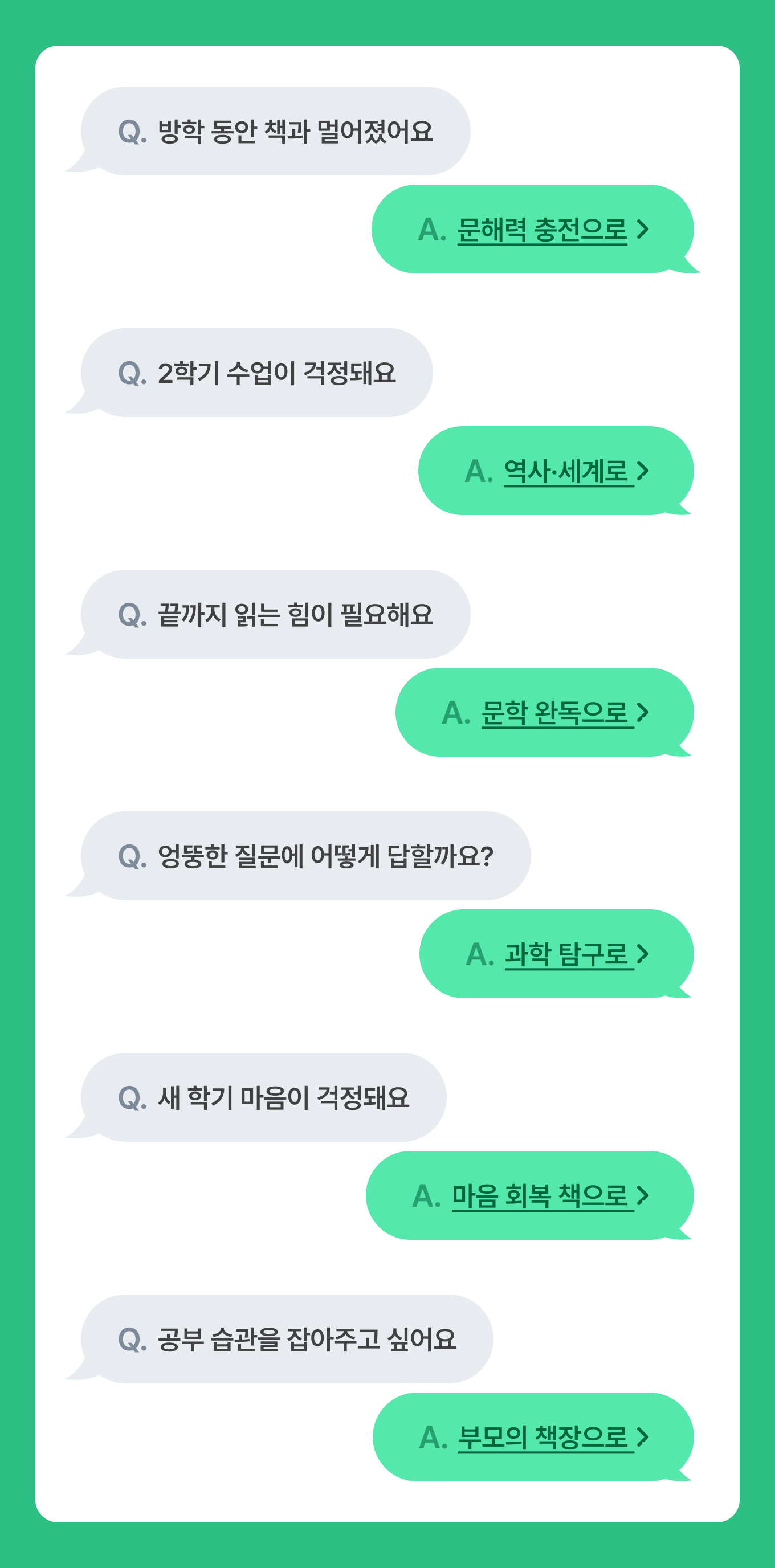Q. 방학 동안 책과 멀어졌어요 A. 문해력 충전으로 | Q. 2학기 수업이 걱정돼요 A. 역사·세계로 | Q. 끝까지 읽는 힘이 필요해요 A. 문학 완독으로 | Q. 엉뚱한 질문에 어떻게 답할까요? A. 과학 탐구로 | Q. 새 학기 마음이 걱정돼요 A. 마음 회복 책으로 | Q. 공부 습관을 잡아주고 싶어요 A.부모의 책장으로