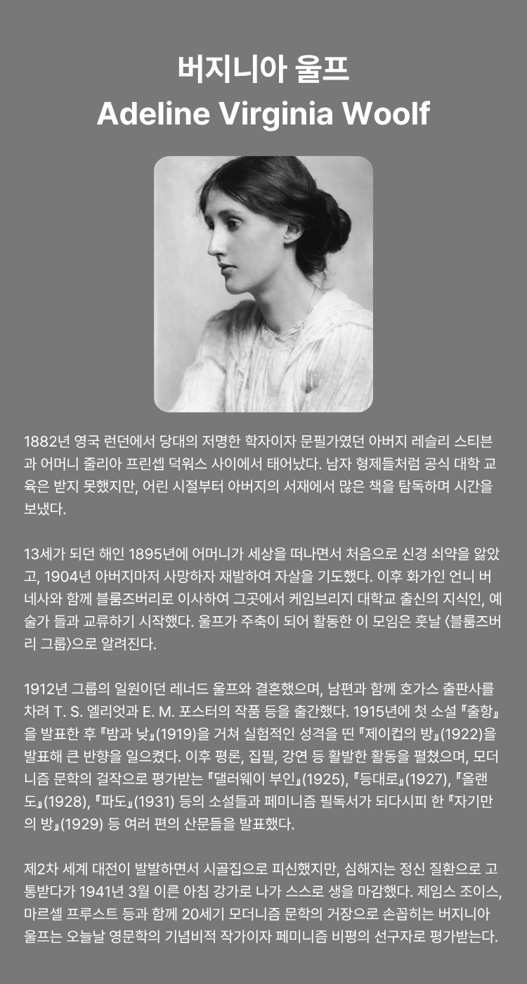 버지니아 울프 Adeline Virginia Woolf | 1882년 영국 런던에서 당대의 저명한 학자이자 문필가였던 아버지 레슬리 스티븐과 어머니 줄리아 프린셉 덕워서 사이에서 태어났다. 남자 형제들처럼 공식 대학 교육은 받지 못했지만, 어린 시절부터 아버지의 서재에서 많은 책을 탐독하며 시간을 보냈다. 13세가 되던 해인 1895년에 어머니가 세상을 떠나면서 처음으로 신경 쇠약을 앓았고, 1904년 아버지마저 사망하자 재발하여 자살을 기도했다. 이후 화가인 언니 버네사와 함께 블룸즈버리로 이사하여 그곳에서 케임브리지 대학교 출신의 지신인, 예술가들과 교류하기 시작했다. 울프가 주축이 되어 활동한 이 모임은 훗날 <블룸즈버리 그룹>으로 알려진다. 1912년 그룹의 일원이던 레너드 울프와 결혼했으며, 남편과 함께 호가스 출판사를 차려 T. S. 엘리엇과 E. M. 포스터의 작품 등을 출간했다. 1915년에 첫 소설 『출항』을 발표한 후 『밤과 낮』(1919)를 거쳐 실험적인 성격을 띤 『제이컵의 방』(1922)을 발표해 큰 반향을 일으켰다. 이후 평론, 집필, 강연 등 활발한 활동을 펼쳤으며, 모더니즘 문학의 걸작으로 평가받는 『댈러웨이 부인』(1925), 『등대로』(1927), 『올랜드』(1928), 『파도』(1931) 등의 소설들과 페미니즘 필독서가 되다시피 한 『자기만의 방』(1929) 등 여러 편의 산문들을 발표했다. 제2차 세계 대전이 발발하면서 시골집으로 피신했지만, 심해지는 정신 질환으로 고통받다가 1941년 3월 이른 아침 강가로 나가 스스로 생을 마감했다. 제임스 조이스, 마르셀 프루스트 등과 함께 20세기 모더니즘 문학의 거장으로 손꼽히는 버지니아 울프는 오늘날 영문학의 기념비적 작가이자 페미니즘 비평의 선구자로 평가받는다.