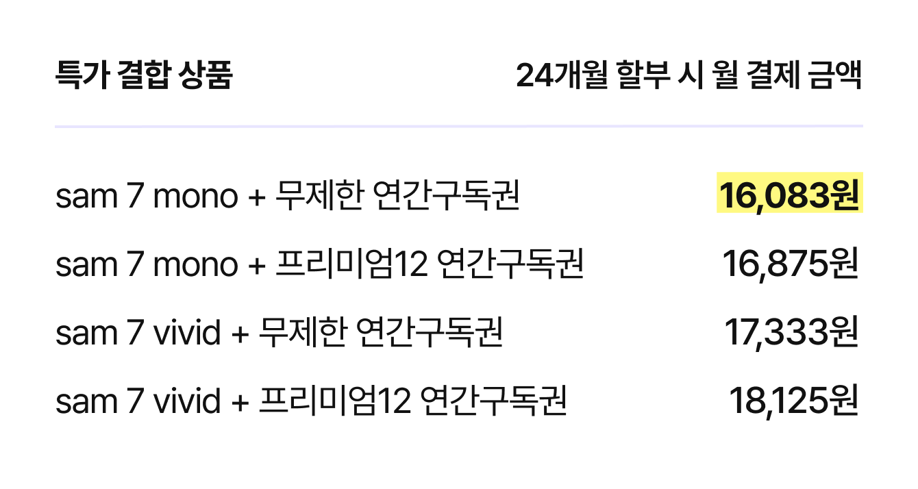 특가 결합 상품 24개월 할부 시 월 결제 금액 | sam 7 mono + 무제한 연간구독권 16,083원 | sam 7 mono + 프리미엄12 연간구독권 16,875원 | sam 7 vivid + 무제한 연간구독권 17,333원 | sam 7 vivid + 프리미엄12 연간구독권 18,125원