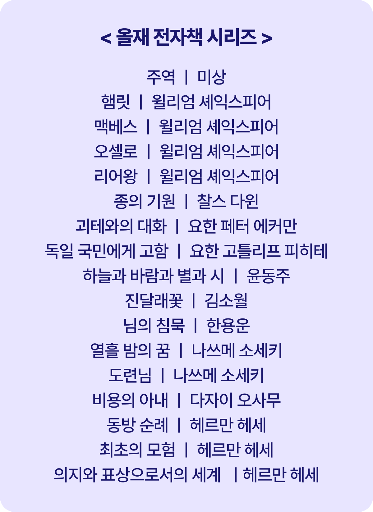 올재 전자책 시리즈 | 주역 ㅣ 미상, 햄릿 ㅣ 윌리엄 셰익스피어, 맥베스 ㅣ 윌리엄 셰익스피어, 오셀로 ㅣ 윌리엄 셰익스피어, 리어왕 ㅣ 윌리엄 셰익스피어, 종의 기원 ㅣ 찰스 다윈, 괴테와의 대화 ㅣ 요한 페터 에커만, 독일 국민에게 고함 ㅣ 요한 고틀리프 피히테, 하늘과 바람과 별과 시 ㅣ 윤동주, 진달래꽃 ㅣ 김소월, 님의 침묵 ㅣ 한용운, 열흘 밤의 꿈 ㅣ 나쓰메 소세키, 도련님 ㅣ 나쓰메 소세키, 비용의 아내 ㅣ 다자이 오사무, 동방 순례 ㅣ 헤르만 헤세, 최초의 모험 ㅣ 헤르만 헤세, 의지와 표상으로서의 세계 ㅣ헤르만 헤세