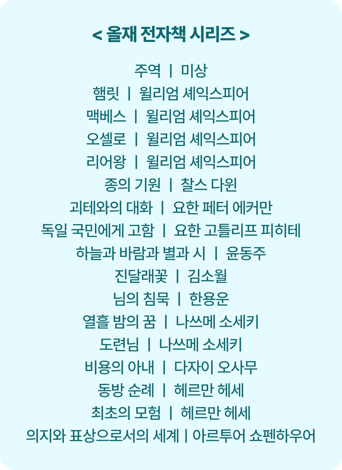 올재 전자책 시리즈 | 주역 ㅣ 미상, 햄릿 ㅣ 윌리엄 셰익스피어, 맥베스 ㅣ 윌리엄 셰익스피어, 오셀로 ㅣ 윌리엄 셰익스피어, 리어왕 ㅣ 윌리엄 셰익스피어, 종의 기원 ㅣ 찰스 다윈, 괴테와의 대화 ㅣ 요한 페터 에커만, 독일 국민에게 고함 ㅣ 요한 고틀리프 피히테, 하늘과 바람과 별과 시 ㅣ 윤동주, 진달래꽃 ㅣ 김소월, 님의 침묵 ㅣ 한용운, 열흘 밤의 꿈 ㅣ 나쓰메 소세키, 도련님 ㅣ 나쓰메 소세키, 비용의 아내 ㅣ 다자이 오사무, 동방 순례 ㅣ 헤르만 헤세, 최초의 모험 ㅣ 헤르만 헤세, 의지와 표상으로서의 세계 ㅣ헤르만 헤세