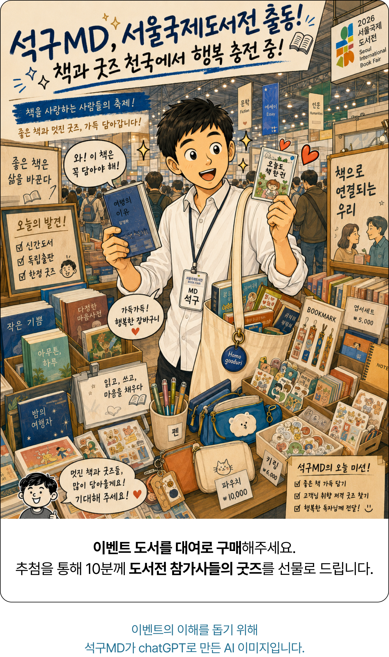 이벤트 도서를 대여로 구매해주세요. 추첨을 통해 10분께 도서전 참가사들의 굿즈를 선물로 드립니다. | 이벤트의 이해를 돕기 위해 석구MD가 chatGPT로 만든 AI 이미지입니다.