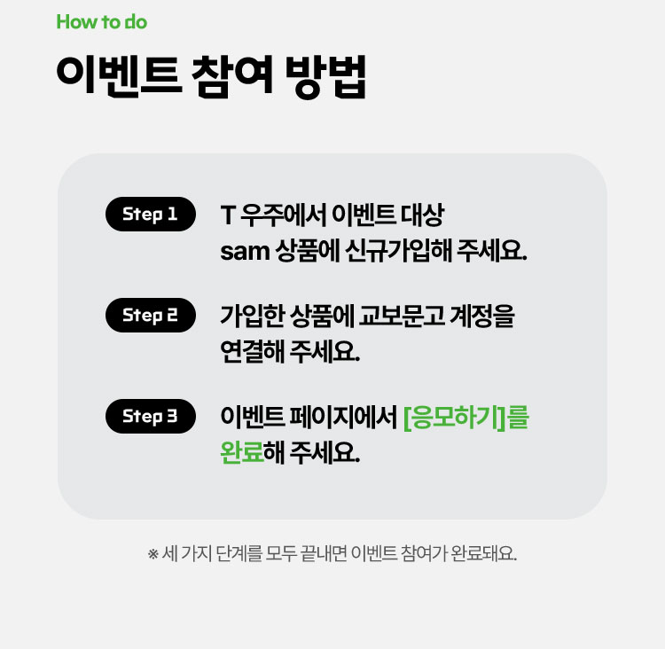 이벤트 참여 방법| Step 1. T 우주에서 이벤트 대상 sam 상품에 신규가입해 주세요. Step 2. 가입한 상품에 교보문고 계정을 연결해 주세요. Step 3. 이벤트 페이지에서 [응모하기]를 완료해 주세요. ※ 세 가지 단계를 모두 끝내면 이벤트 참여가 완료돼요.