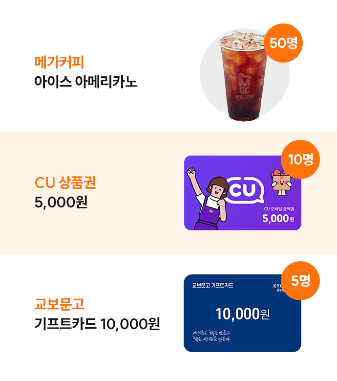 메가커피 아이스 아메리카노 50명 | CU 상품권 5,000원 10명 | 교보문고 기프트카드 10,000원 5명