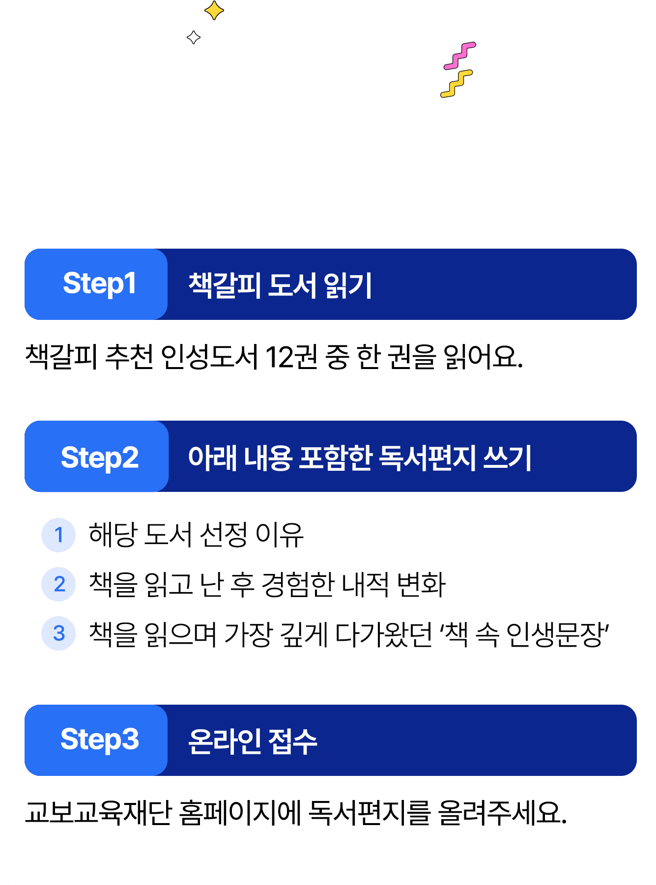  참여방법 │ 9~24세라면 누구나 참여 가능
                Step1 책갈피 도서 읽기 책갈피 추천 인성도서 12권 중 한 권을 읽어요. 
                Step2 아래 내용 포함한 독서편지 쓰기 ① 해당 도서 선정 이유 ② 책을 읽고 난 후 경험한 내적 변화 ③ 책을 읽으며 가장 깊게 다가왔던 ‘책 속 인생문장’
                Step3 온라인 접수 교보교육재단 홈페이지에 독서편지를 올려주세요. 