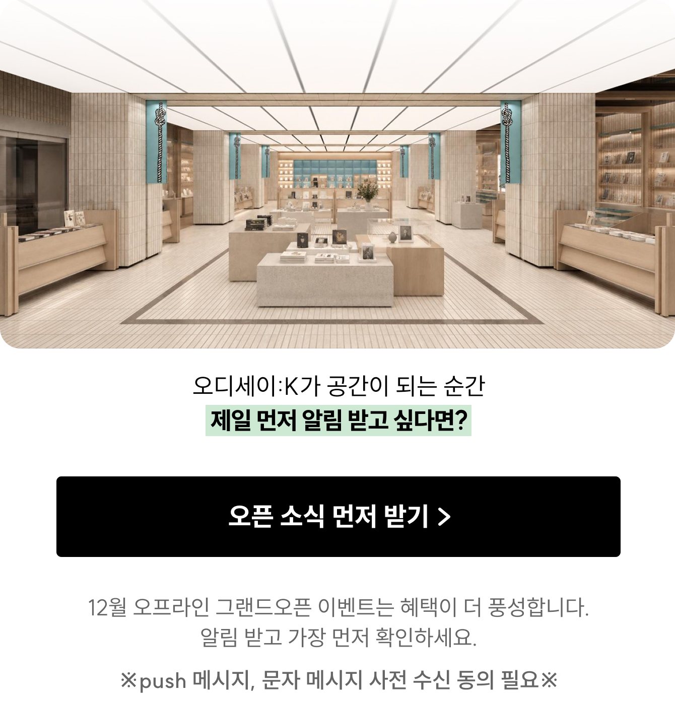 오디세이:K가 공간이 되는 순간 제일 먼저 알림 받고 싶다면? | 11월 오프라인 그랜드오픈 이벤트는 혜택이 더 풍성합니다 — 알림 받고 가장 먼저 확인하세요 ※push 메시지, 문자 메시지 사전 수신 동의 필요※