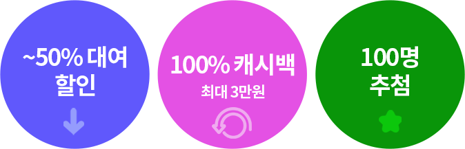 ~50% 할인, 100% 캐시백 최대 3만원, 100명 추첨