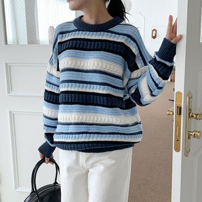 루즈핏 배색 스트라이프 니트 가을 겨울 크롭 두꺼운