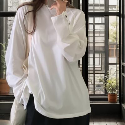 여성 소매 단추 포인트 화이트 맨투맨 티셔츠