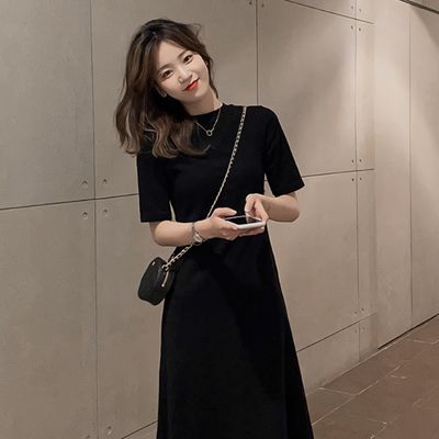 여성 여름 데일리 칠링 블랙 반팔 미디원피스