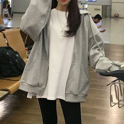 여성 2컬러 루즈핏 간절기 후드 집업 잠바