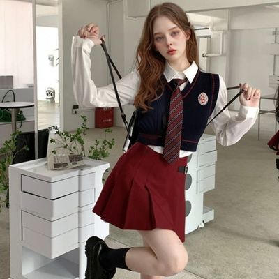 네이비 버건디 슬림라인 하이웨스트 프레피룩 세라복