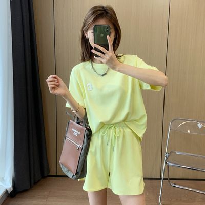 여성 데일리 영문C반팔 트레이닝 반바지 세트