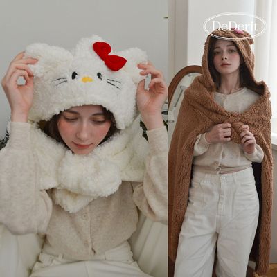 [데데리트]리본 키티 고양이 극세사 후드 담요 망토