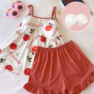 캡내장 레드 오렌지 잠옷 세트 여성 의류 홈웨어