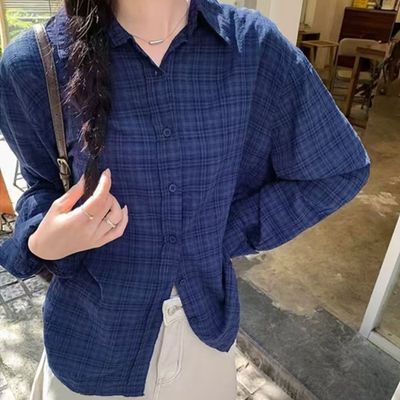 여성 내추럴 네이비 체크 루즈핏 셔츠